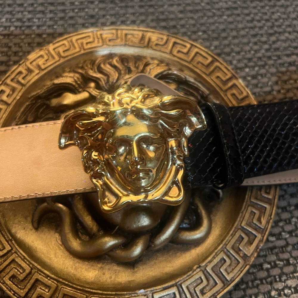 Versace Black and Tan Belt with Gold Medusa Buckle